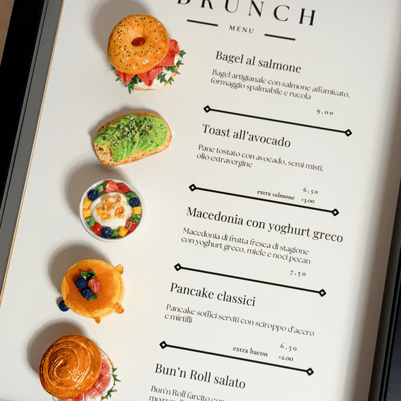 Miniature brunch menu board displayed at Blanc restaurant, Italy